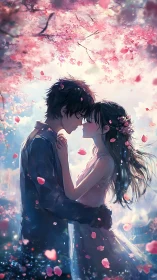 Romantic anime couple under soft pink cherry blossoms.