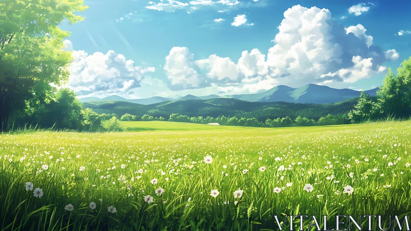 Summer wildflower meadow under towering cumulus clouds