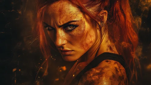 Fiery warrior gaze burns through swirling sparks and shadows