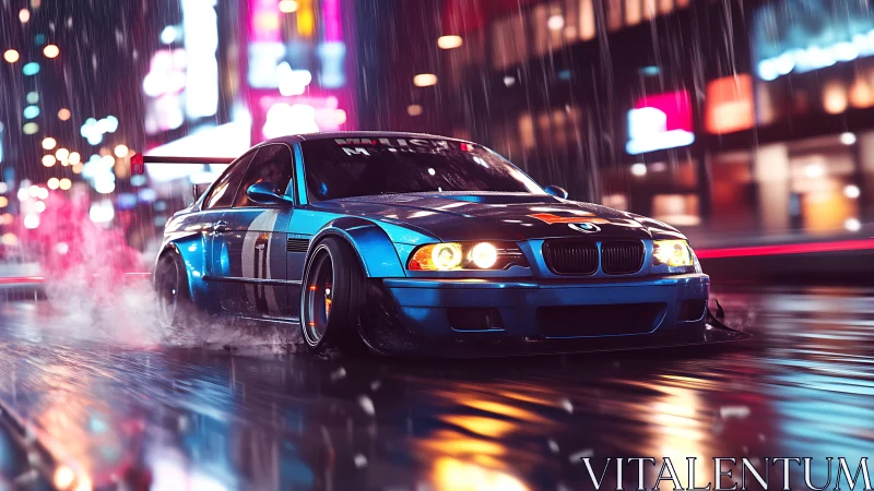 Blue drift car charges through neon city streets in rain