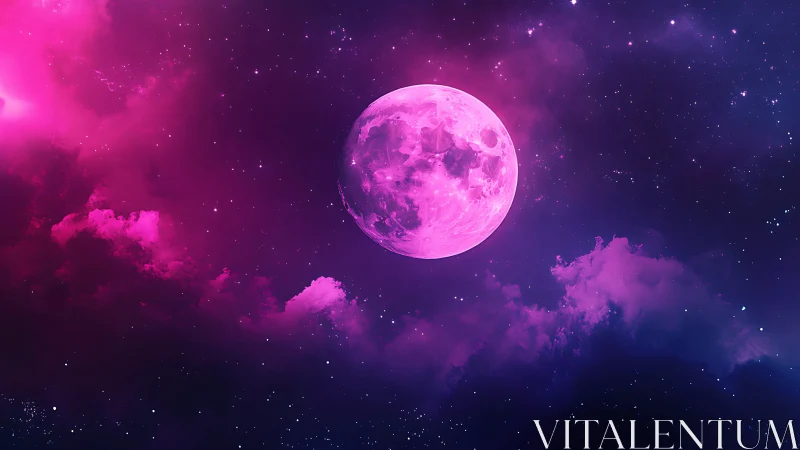 Magenta lunar disc amid violet nebula and stellar field