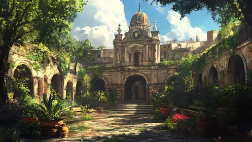 Digital painting of overgrown baroque cloister courtyard scene.