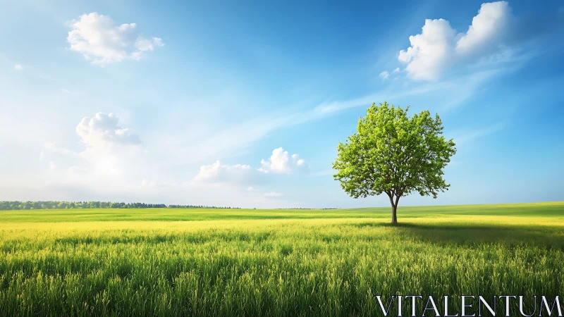 Isolated deciduous tree in sunlit spring meadow under blue sky