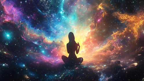 Silhouette sits against multicolored nebula and star field