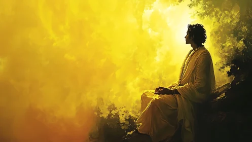 Golden spiritual calm surrounds a serene meditating figure