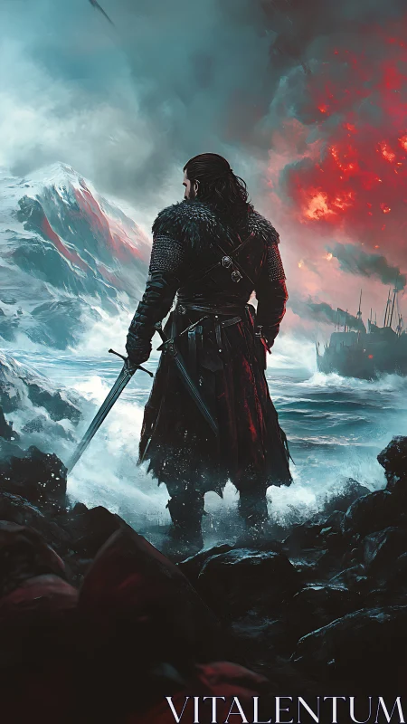 Warrior surveys burning coast under stormlit skies.