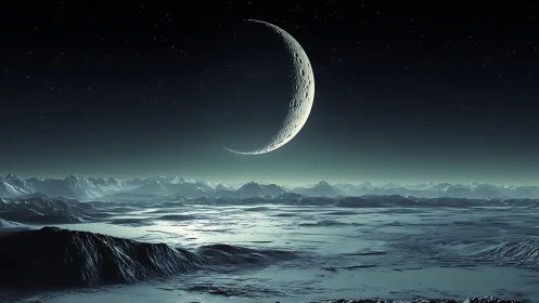 Crescent moon hangs over icy alien frontier at silent night