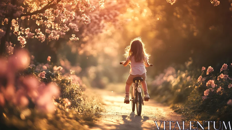 Child cycling on sunlit path between flowering trees.