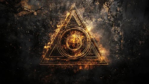 Geometric triangle symbol overlays textured dark background