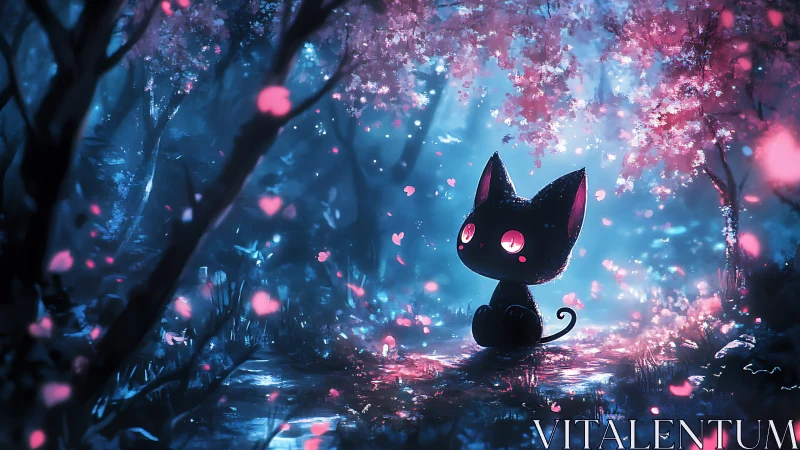 Digital painting of glowing-eyed cat in luminous sakura grove.