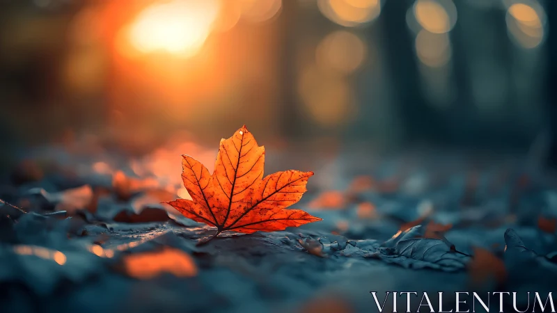 Backlit maple leaf on forest floor in warm bokeh glow.