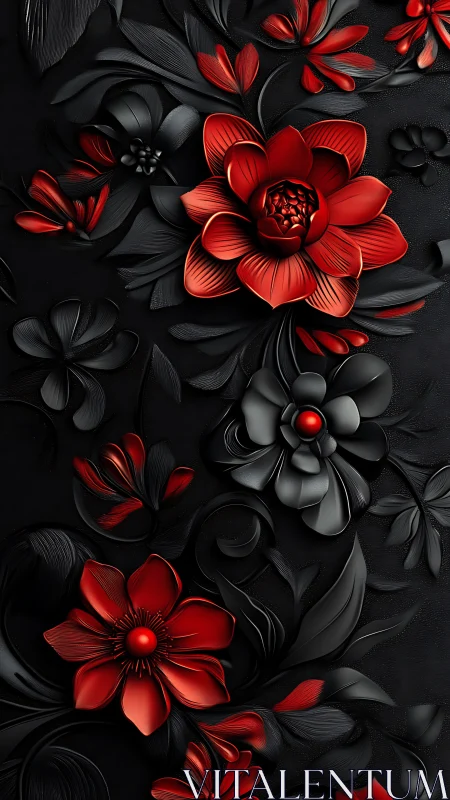 Red and Black 3D Floral Composition Against Dark Surface.