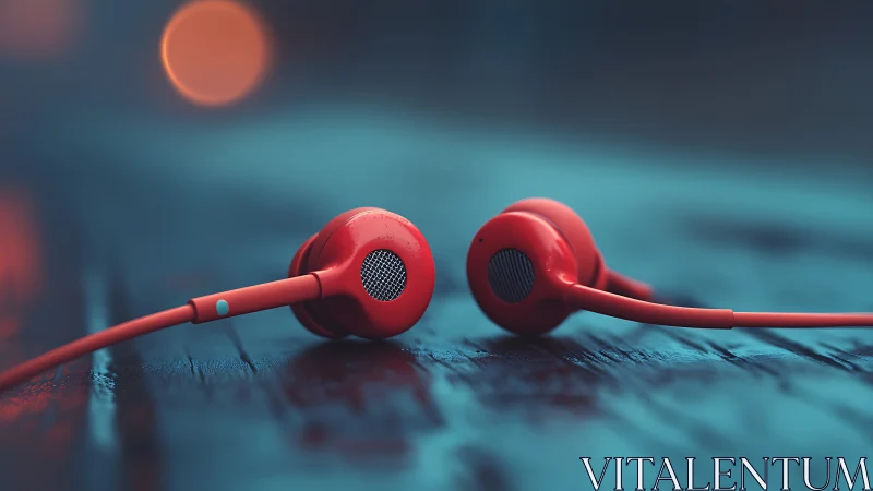 Bright red earphones rest softly on a moody blue surface