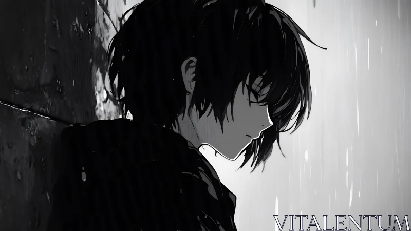 Solitary anime figure leans in rain with quiet sorrow.