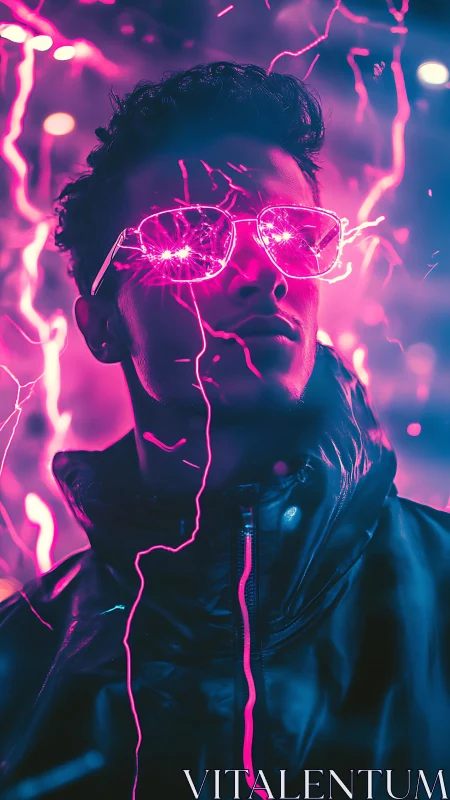 Man in neon glasses with electric pink light effects.