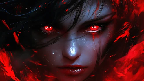 Fierce red‑eyed heroine framed in swirling crimson light.