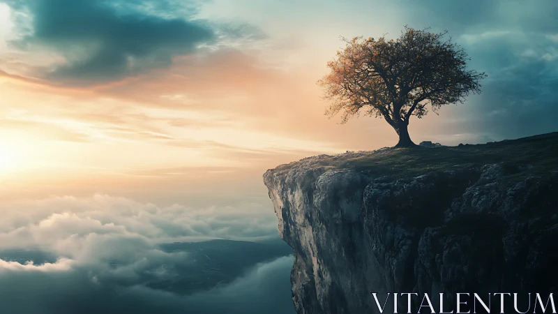 Solitary cliffside tree over cloud sea at glowing sunrise.