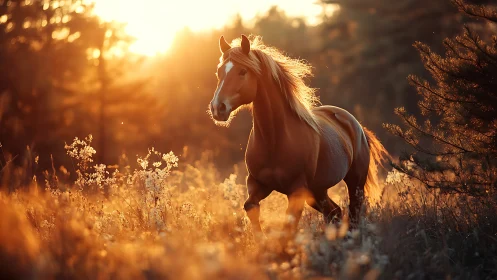 Chestnut horse moving through backlit field at sunset.