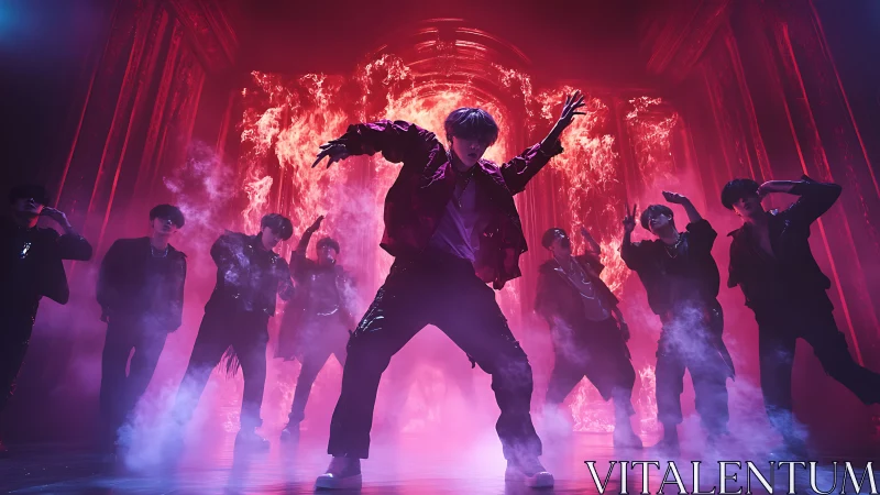 K-pop dance crew silhouette before flaming archway stage