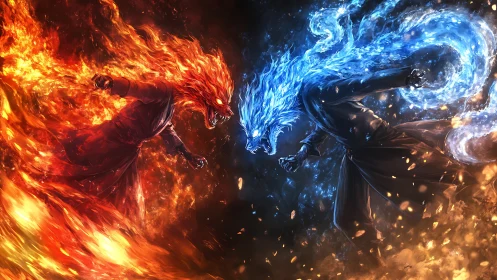 Fire and ice wolf spirits clash in mirrored combat scene.