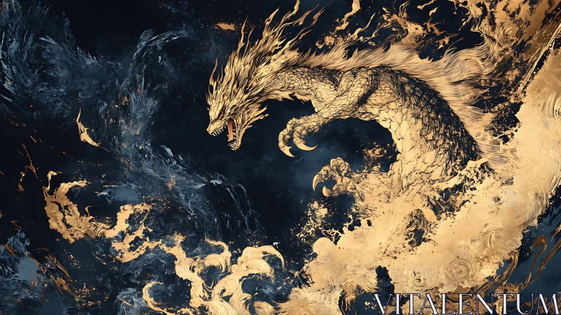 Golden draconic surge in dark ether, dynamic digital painting.