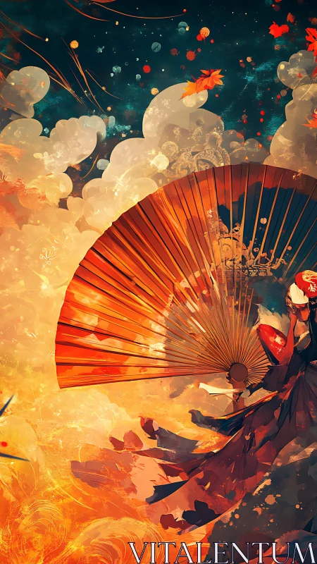 Celestial geisha with crimson fan amid swirling skies.