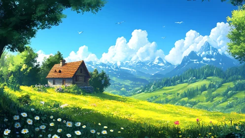 Digital painting of alpine meadow cottage with layered vistas.