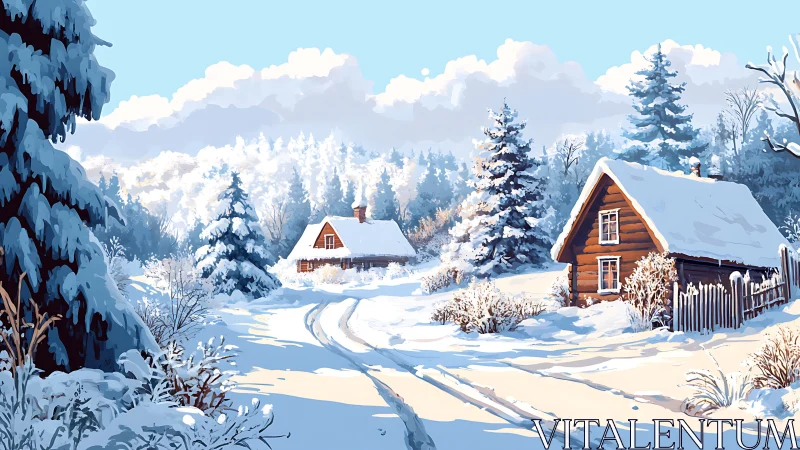 Soft winter sunshine gently wraps quiet snowy cabins