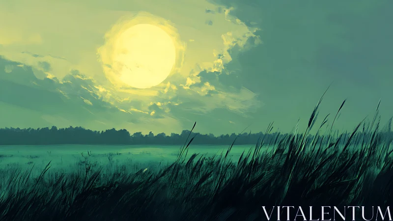 Moonrise over whispergrass marsh in teal twilight hush.