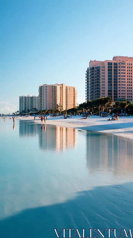 Sunlit beachfront towers mirrored on tranquil shoreline.