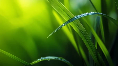 Macro depth-of-field study of dew-covered grass blades at sunrise