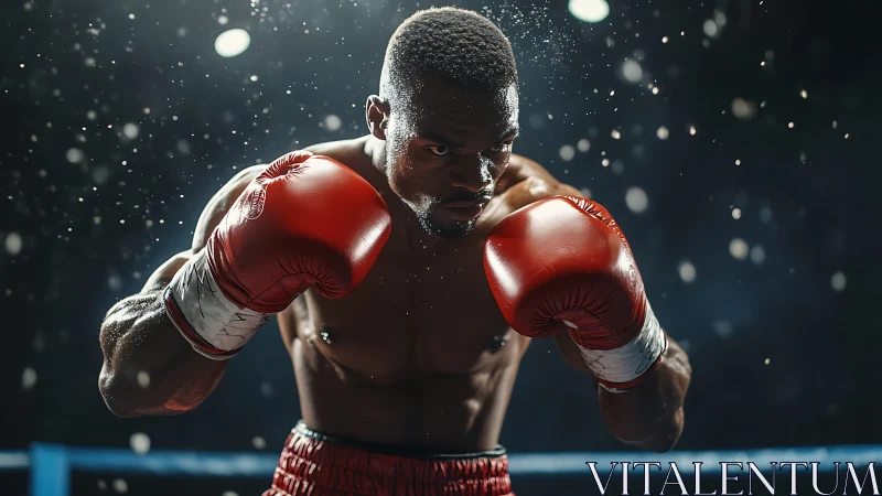 Professional boxer in red gloves executing defensive stance during match