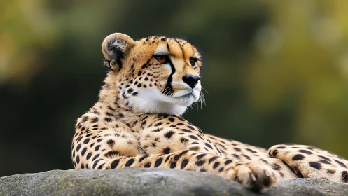 Resting cheetah displays distinctive tear marks and spotted pelage in profile orientation