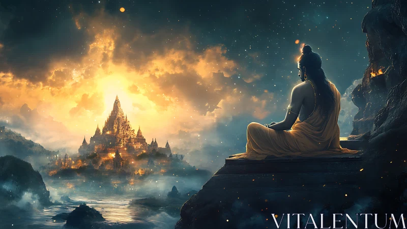 Meditative sage overlooking luminous celestial temple skyline.