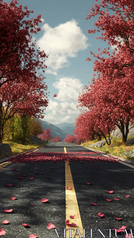 Tree lined mountain road rendered with crisp depth and foliage detail