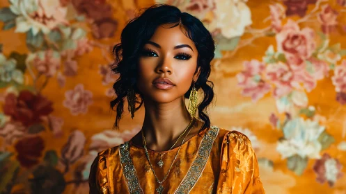 High-saturation portrait unifying orange textiles and floral bokeh background