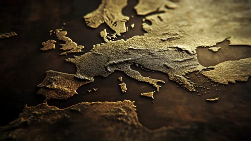 Textured golden relief map of Europe under dramatic light