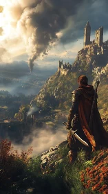 Lone warrior overlooking burning fantasy cliffside citadel.