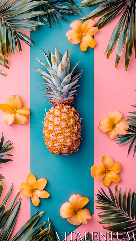 Tropical pineapple flat lay on teal stripe with florals, portrait