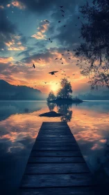 Wooden lakeside pier facing island at dusk with birds above.