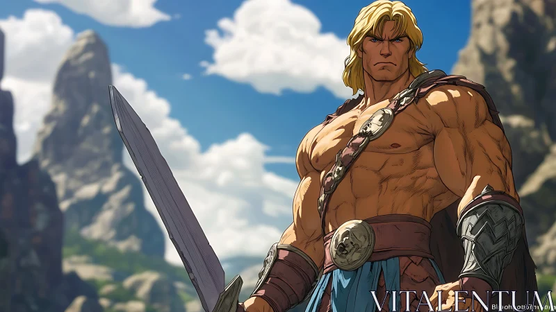 Muscular sword-bearing warrior in rocky outdoor landscape.