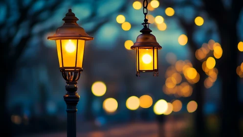 Warm street lamps glowing against soft evening bokeh.