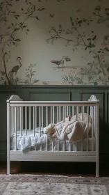 Solid wood baby crib under hand-painted avian mural wall