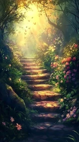 Sunlit stone steps ascend through a glowing floral forest.