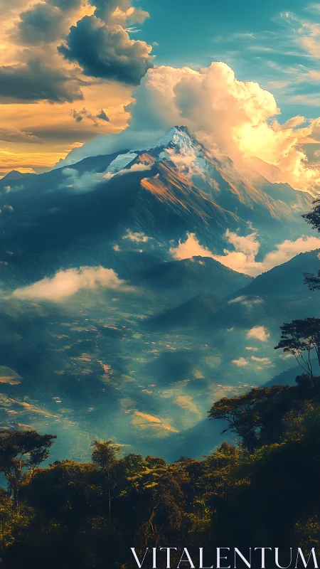 Sunlit mountain valley wrapped in drifting golden clouds.