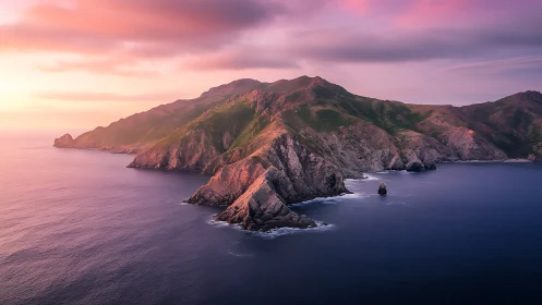 Mountainous Island Emerges from Twilight's Golden Embrace