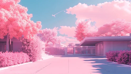 Modern courtyard architecture under pastel infrared sky.