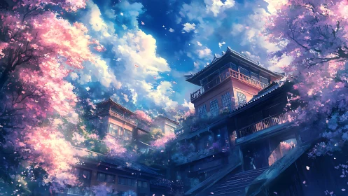 Cherry blossoms drift gently around a peaceful hilltop inn