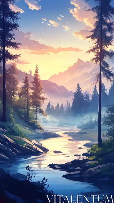 Sunrise river quietly sketches light across misty pines