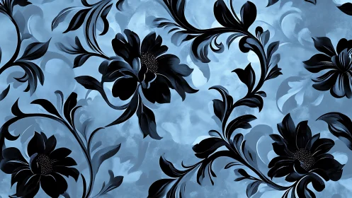 Midnight blue floral swirls on a softly painted sky.